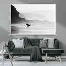Surfer Beach Wall Art – Framed Black White Ocean Canvas