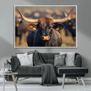 Majestic bull head close-up, long curved horns, detailed fur by MyGreatCanvas | Canvas Wall Art Prints | Photo Prints & Wall Decor