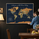 Custom Push Pin World Map Wall Art Canvas Print – Personalized Travel Tracker with Pins Framed Large for Home and Office Decor