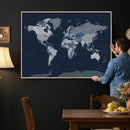 Blue Detailed World Map Wall Art Canvas Print, Modern Framed