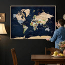 Minimalist World Map Canvas Wall Art - Watercolor Blue and