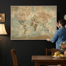 World Map Wall Art Canvas Print, Rustic Map Print, Framed