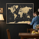 Vintage Blue and Brown World Map Canvas Wall Art – Framed
