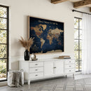 Framed Custom World Map Canvas Print - Deep Blue World Map