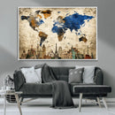 World Map Canvas Print – Vintage Blue and Gold World Map