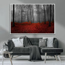 Red Forest Floor Canvas Wall Art – Mystical Foggy Woodland