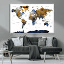 Modern Abstract World Map Canvas Wall Art – Framed Blue and