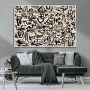 Abstract Love and Chaos Canvas Print, Black Symbols on Beige