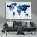 Modern Blue World Map Canvas Print – Framed Wall Art,