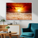 Red Sunset Ocean Beach Canvas Wall Art Beach Canvas, Coastal