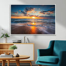 Sunset on the Ocean Beach with Waves, Reflections on Sand,