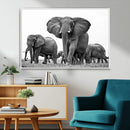 Black White Elephant Family Wall Art Canvas Print