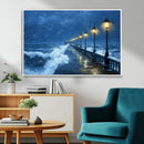 Stormy Ocean Pier Lights Canvas Wall Art Print - Large Moody