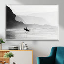 Surfer Beach Wall Art – Framed Black White Ocean Canvas