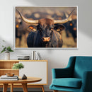 Majestic bull head close-up, long curved horns, detailed fur by MyGreatCanvas | Canvas Wall Art Prints | Photo Prints & Wall Decor