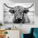 Black White Highland Cow Wall Art Canvas Print