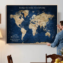 Framed Custom World Map Canvas Print - Deep Blue World Map