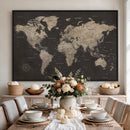 World Map Canvas Wall Art Dark Charcoal Antique Tan Detailed
