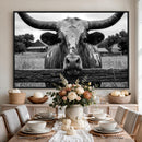 Black White Texas Longhorn Bull Canvas Wall Art, Western Ranch Cattle Photography Print, Rustic Farmhouse Cowboy Decor Artwork