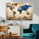 World Map Canvas Print – Vintage Blue and Gold World Map