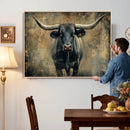 Texas Longhorn Bull Wall Art – Framed Rustic Cow Canvas