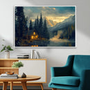 Mountain Cabin by the Lake at Sunset Wall Art - Serene