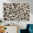 Abstract Love and Chaos Canvas Print, Black Symbols on Beige