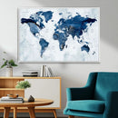 Modern Blue World Map Canvas Print – Framed Wall Art,