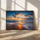 Sunset on the Ocean Beach with Waves, Reflections on Sand,