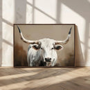 White Longhorn Bull Wall Art Canvas Print – Framed and Ready