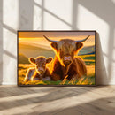 Scottish Cow and Baby Cow Canvas Wall Art Animal Print