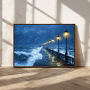 Stormy Ocean Pier Lights Canvas Wall Art Print - Large Moody