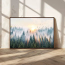 Misty Pine Forest Wall Art Canvas, Sunrise Over Foggy Trees