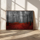 Red Forest Floor Canvas Wall Art – Mystical Foggy Woodland