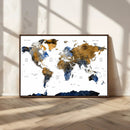 Modern Abstract World Map Canvas Wall Art – Framed Blue and