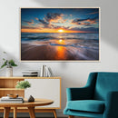 Sunset on the Ocean Beach with Waves, Reflections on Sand,