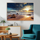 Golden Hour Beach Sunset Canvas Triptych, Ocean Waves and