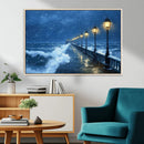 Stormy Ocean Pier Lights Canvas Wall Art Print - Large Moody