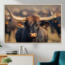 Majestic bull head close-up, long curved horns, detailed fur by MyGreatCanvas | Canvas Wall Art Prints | Photo Prints & Wall Decor