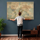 World Map Wall Art Canvas Print, Rustic Map Print, Framed