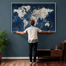 Large Blue World Map Wall Art Canvas Print for Home Office