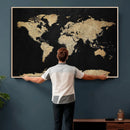 Beige World Map Canvas Wall Art Print, Minimal Black and