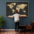 Vintage Blue and Brown World Map Canvas Wall Art – Framed