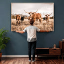 Texas Longhorn Cattle Wall Art Canvas Print, Sepia Western