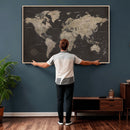 World Map Canvas Wall Art Dark Charcoal Antique Tan Detailed