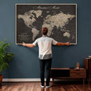 Custom World Map with Pins Canvas Wall Art Dark Charcoal