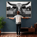 Black White Texas Longhorn Bull Canvas Wall Art, Western Ranch Cattle Photography Print, Rustic Farmhouse Cowboy Decor Artwork by MyGreatCanvas | Canvas Wall Art Prints | Photo Prints & Wall Decor
