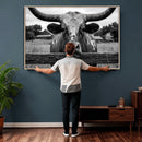 Black White Texas Longhorn Bull Canvas Wall Art, Western Ranch Cattle Photography Print, Rustic Farmhouse Cowboy Decor Artwork