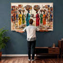 African Folk Art Canvas Wall Art, Colorful African Women Village Painting Print, Tribal Ethnic Home Decor, Vibrant African Art, Living Room