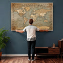 Vintage Personalized Push Pin World Map, Vintage Travel Map Canvas, Custom Names Anniversary Gift, Places Visited Pin Board, Couples Adventure Art